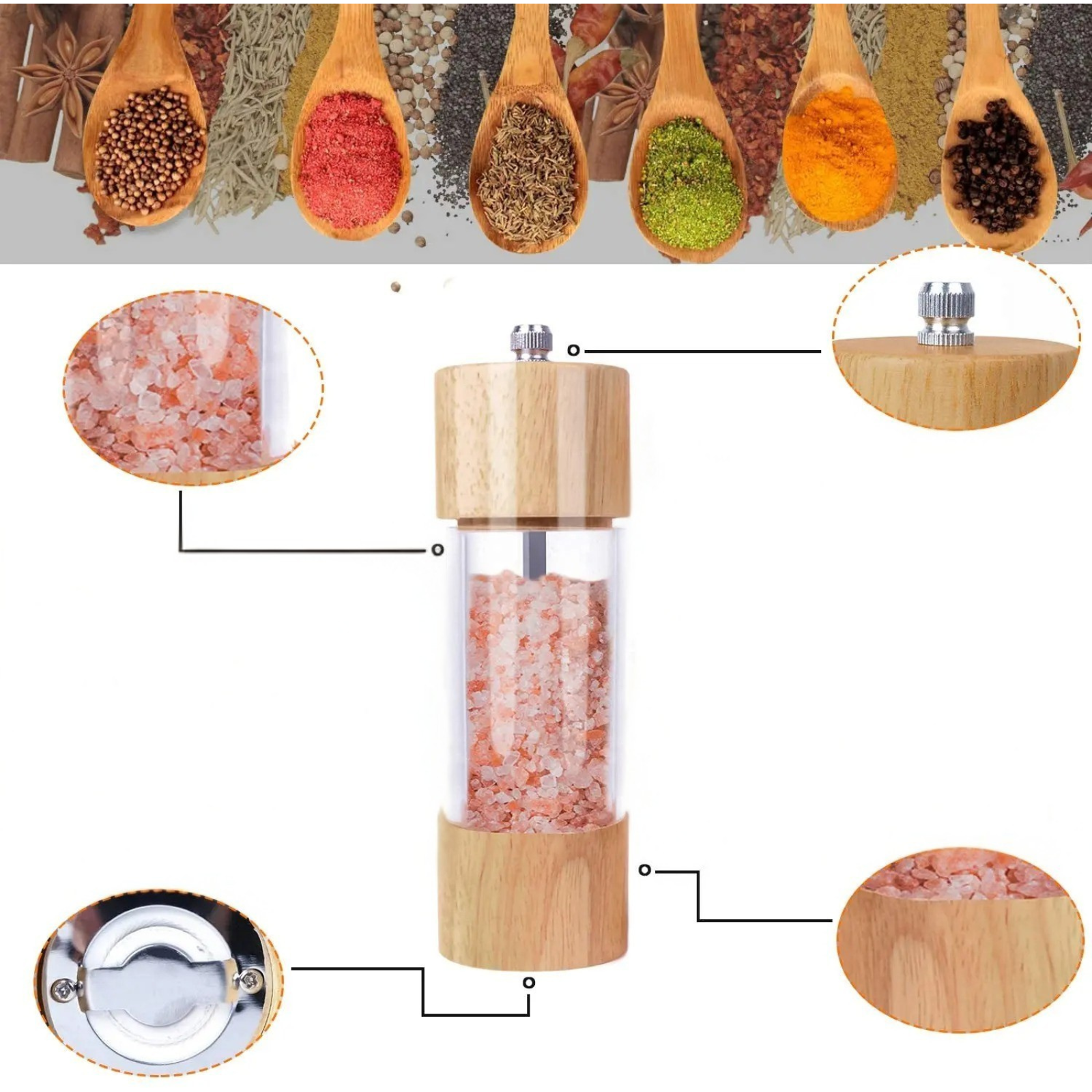 Peppar- och saltkvarnar i ett 2-delat set – Tillverkade av trä med ett insynsfönster och rengöringsborste