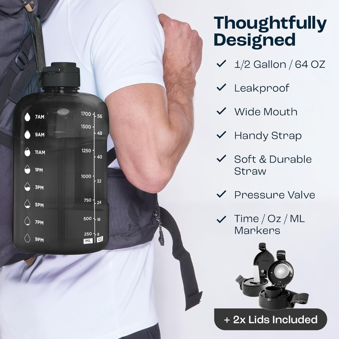 Carvallo Vattenflaska 2L | Med tidsmarkeringar & sugrör | BPA-fri & läckagesäker | För sport & vardag