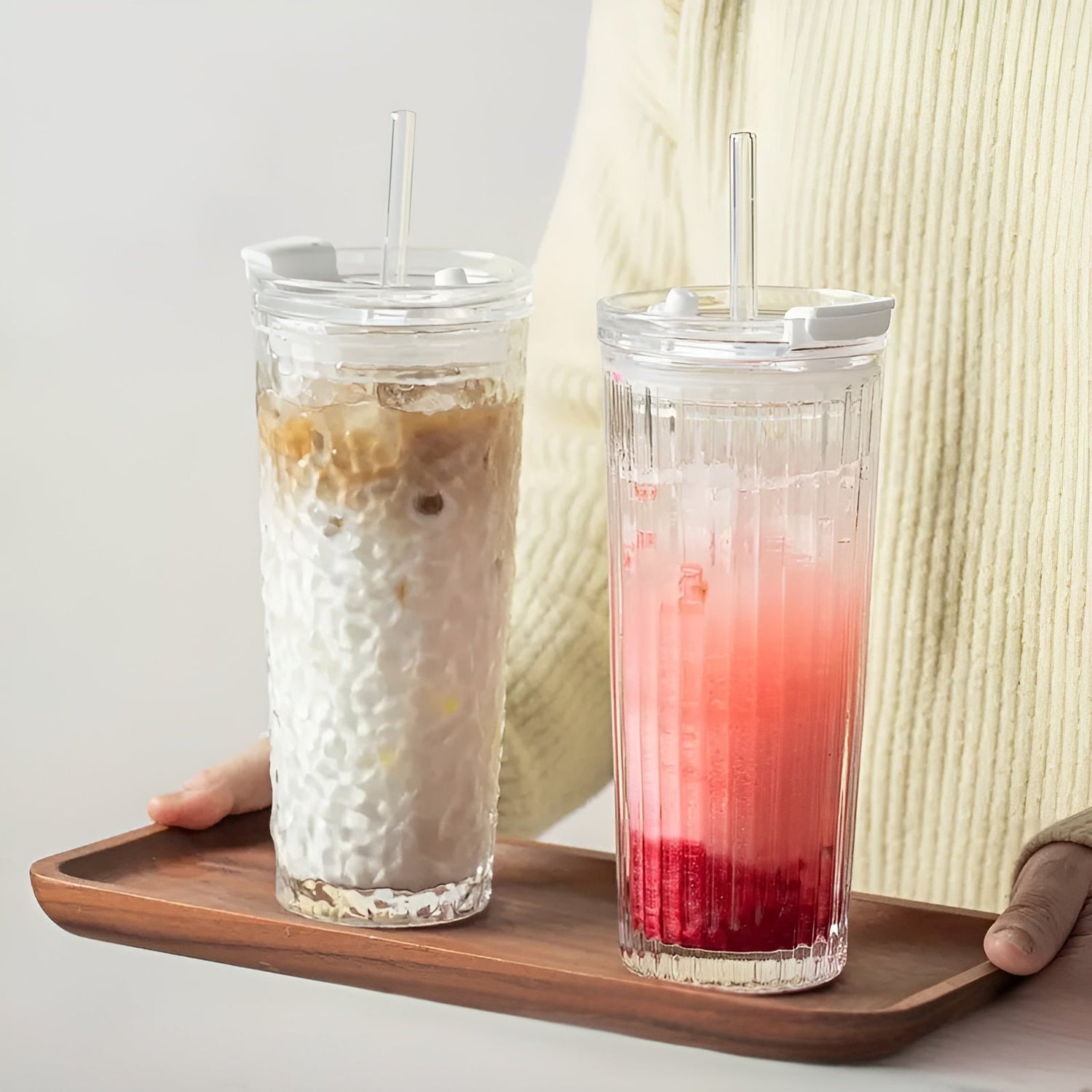 Dricksglas med lock &amp; sugrör – Modern 2-delars set av glas | Återanvändbar &amp; Halkfri, Idealisk för kaffe, te &amp; kalla drycker