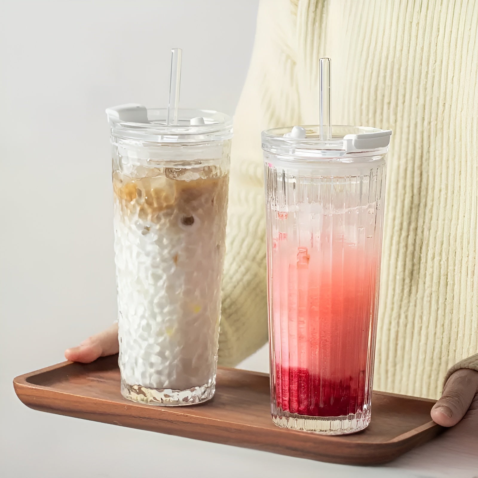 Dricksglas med lock &amp; sugrör – Modern 2-delars set av glas | Återanvändbar &amp; Halkfri, Idealisk för kaffe, te &amp; kalla drycker