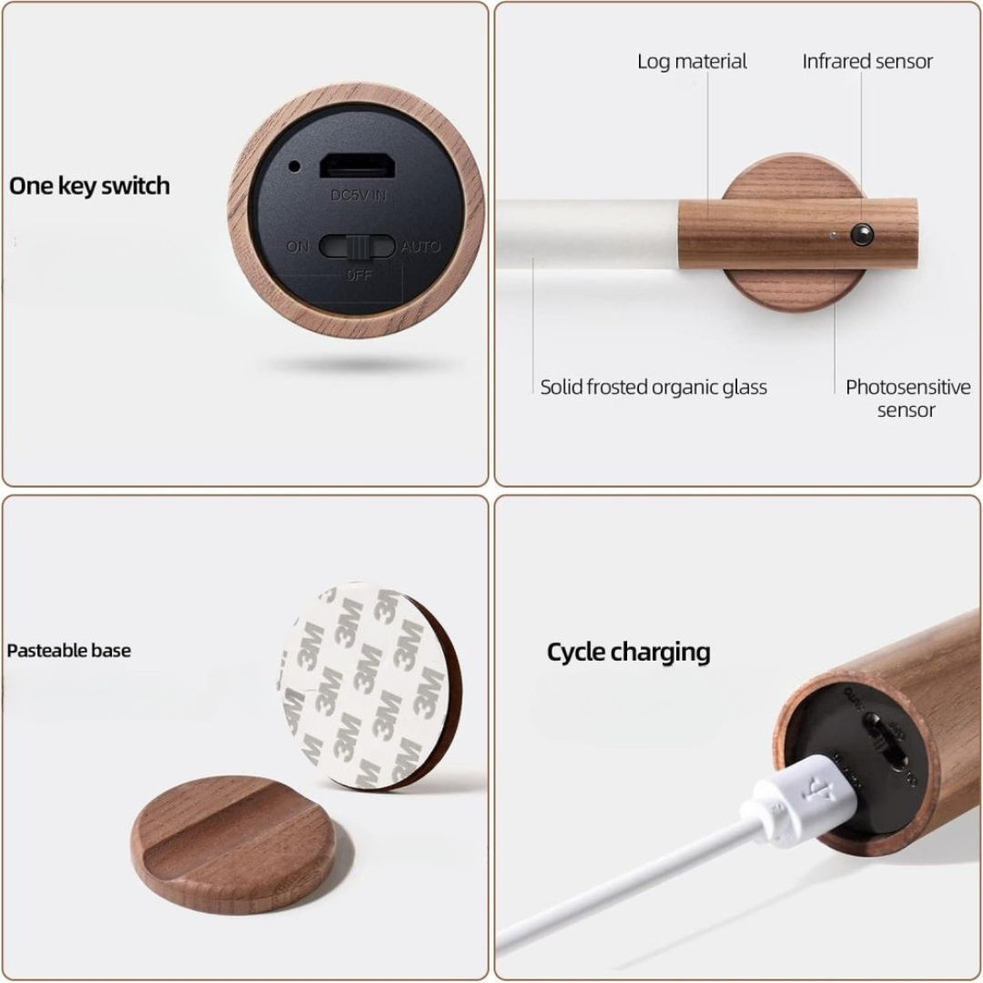 Vägglampa LED Rörelsesensor Trälampe