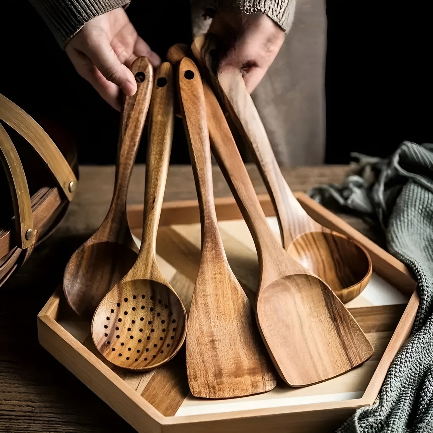 Trä-köksredskapsset – 5-delat set Naturliga stekpenslar för non-stick-pannor