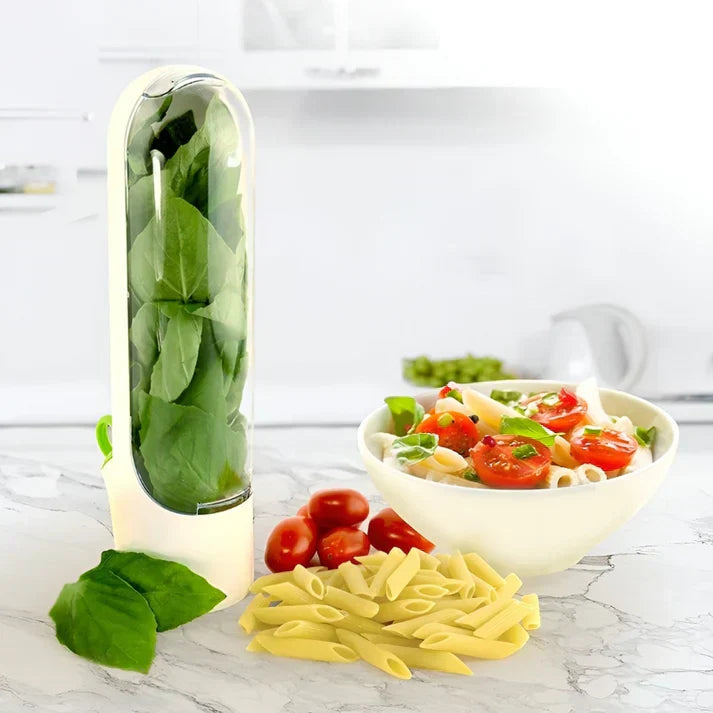 Lufttätig örterbehållare för längre friskhet och platsbesparande förvaring