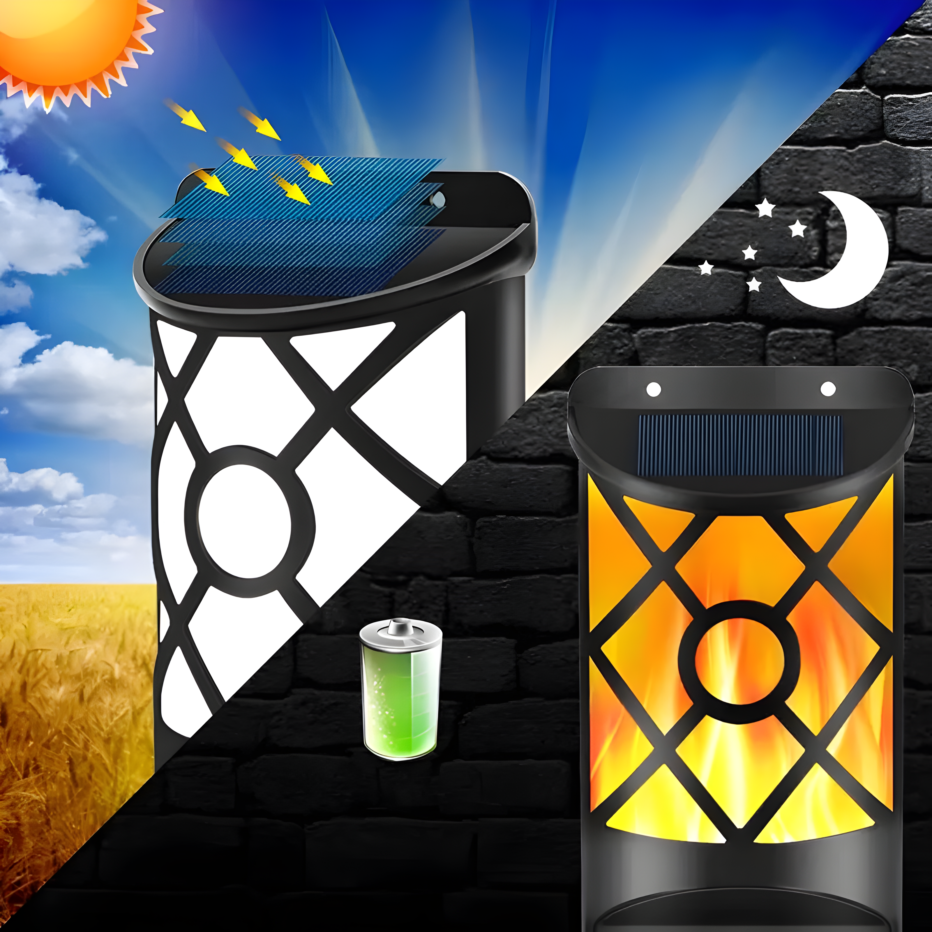 FlameGlow Lights - 2 sty utomhusbelysning solcellsdrivna LED-vägglampa