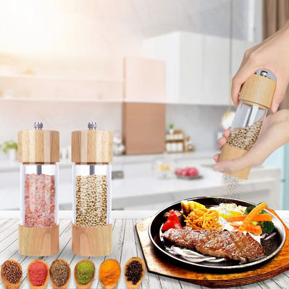 Peppar- och saltkvarnar i ett 2-delat set – Tillverkade av trä med ett insynsfönster och rengöringsborste