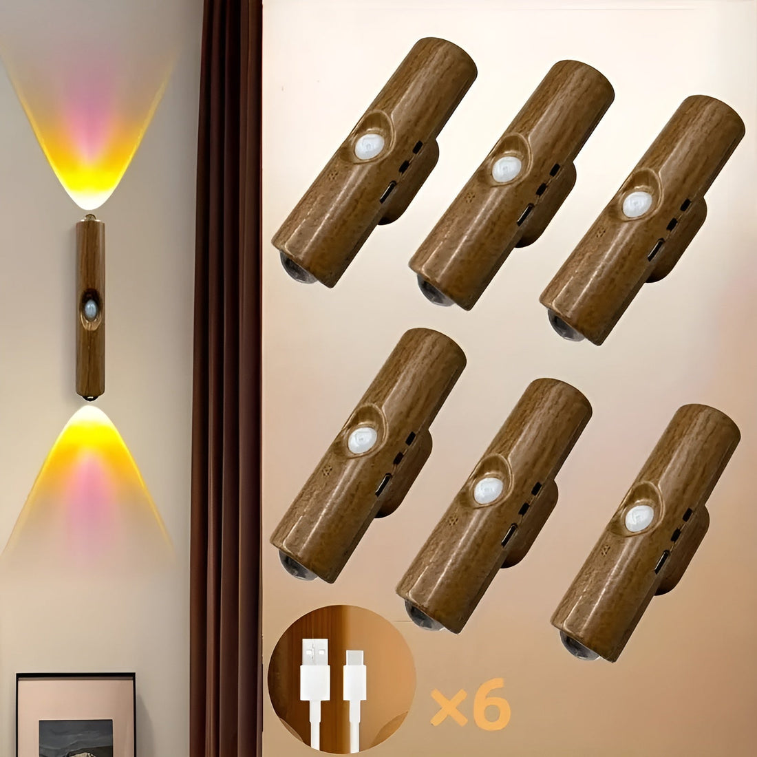 LED-nattljus med rörelsesensor (6-pack) - Dimmbar &amp; RGB | USB-laddning, 3 ljusfärger, Perfekt för hall, trappa &amp; vardagsrum
