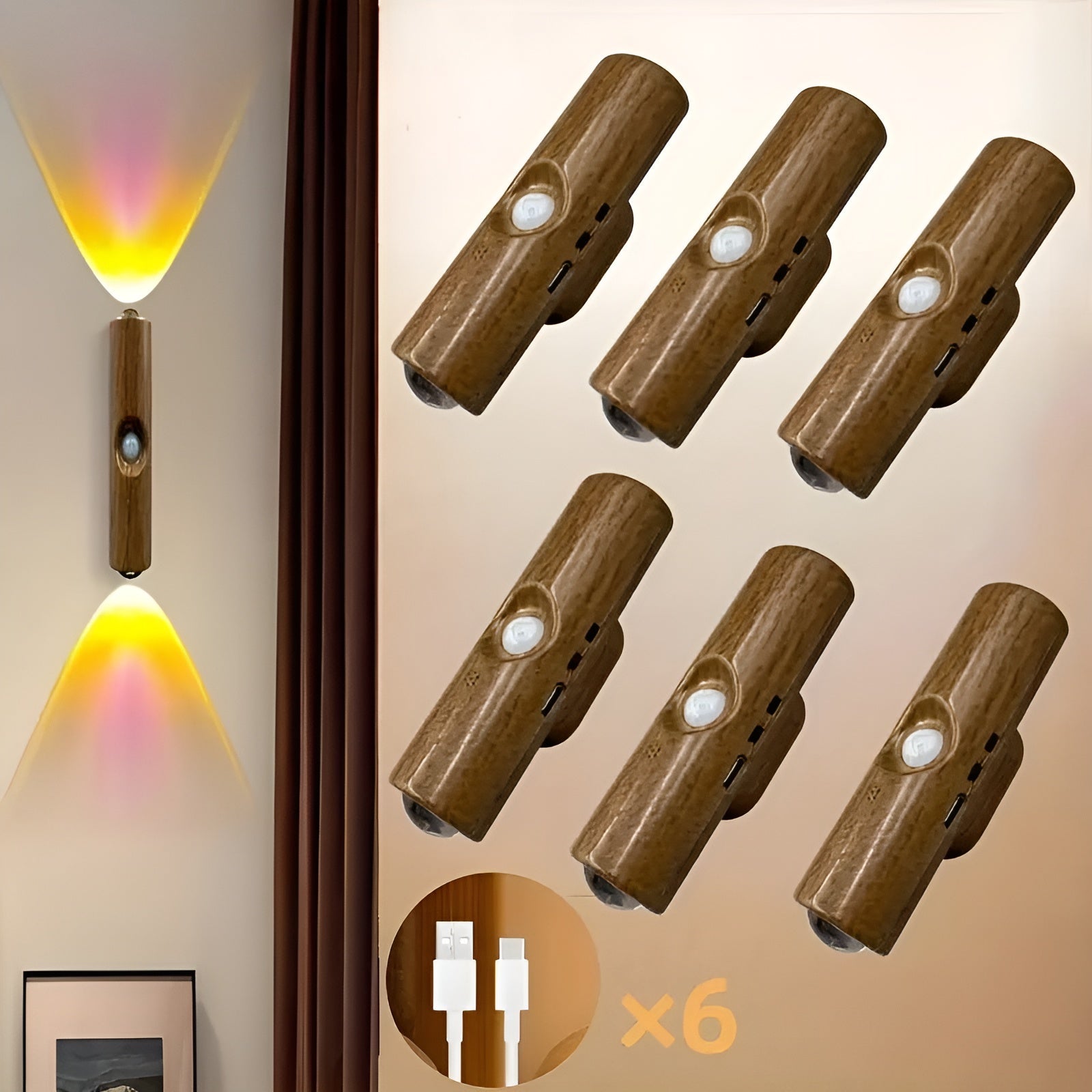 LED-nattljus med rörelsesensor (6-pack) - Dimmbar &amp; RGB | USB-laddning, 3 ljusfärger, Perfekt för hall, trappa &amp; vardagsrum