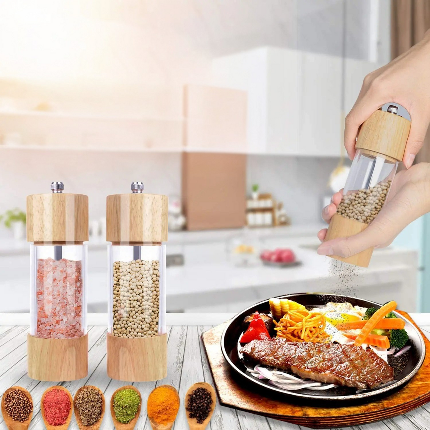 Carvallo- & saltkvarns-set kvarnstock | Naturträ & keramikmalverk | Siktfönster & rengöringsborste | 2-delad