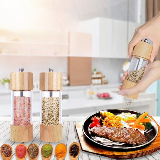 Carvallo- & saltkvarns-set kvarnstock | Naturträ & keramikmalverk | Siktfönster & rengöringsborste | 2-delad