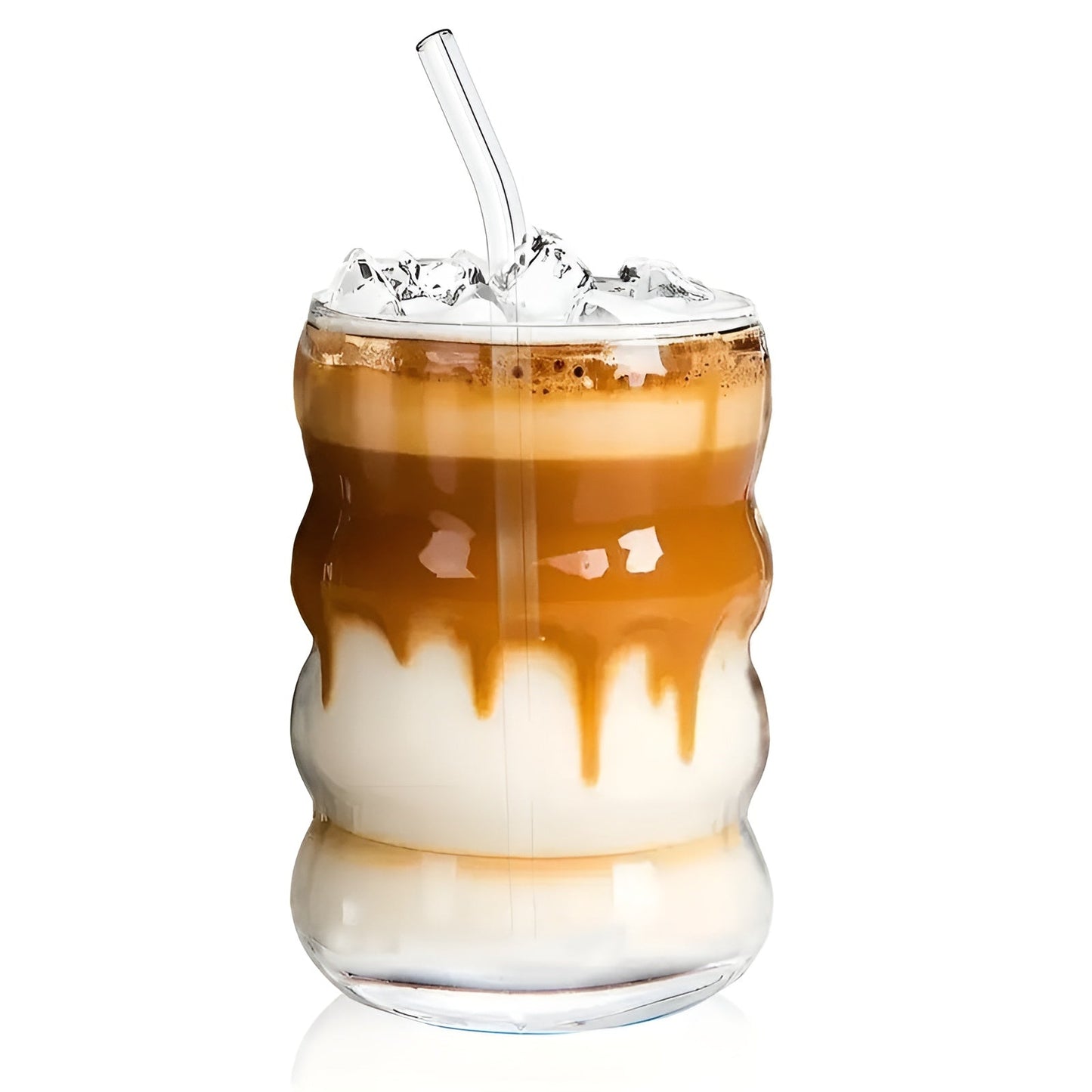 Ribbad glas med sugrör – 2 st Vågform, 450ml | Stiligt dricksglas för iskaffe, matcha & juice