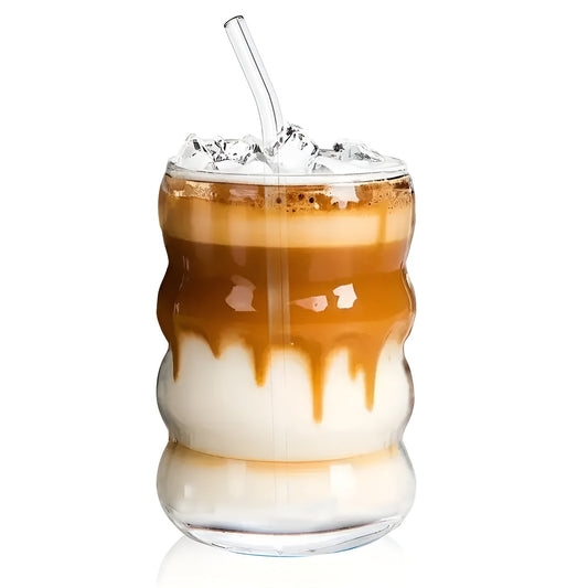 Ribbad glas med sugrör – 2 st Vågform, 450ml | Stiligt dricksglas för iskaffe, matcha & juice