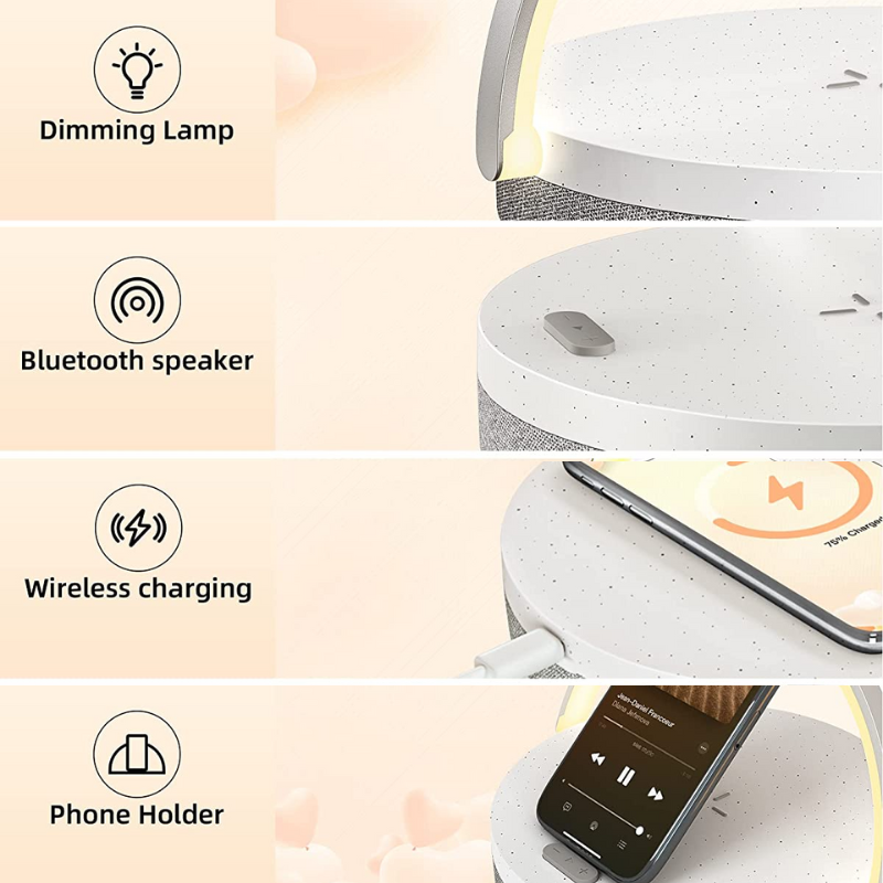 LED Nattlampa - Musik Sänglampa med Trådlös Laddare, 4-i-1 Touchlampa &amp; Bluetooth Högtalare