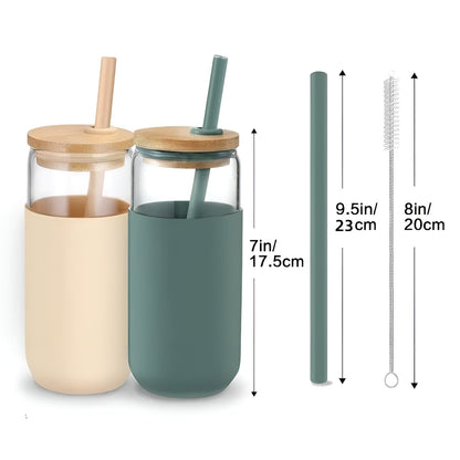 Dricksglas med sugrör – 2-delars set med trälock &amp; silikonhållare | Perfekt för kaffe, juice &amp; smoothies