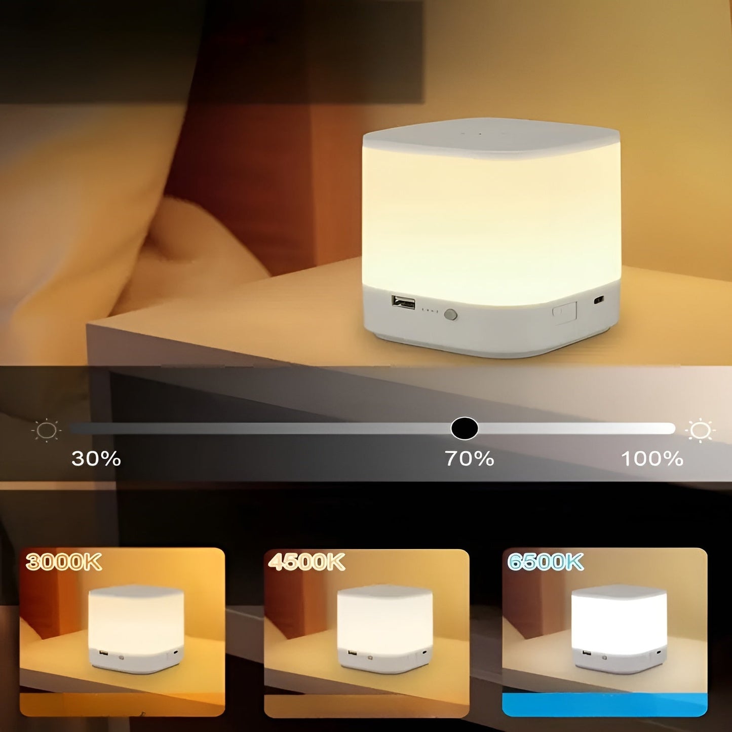 LED-bordlampa med touch-dimmer – Justerbar ljusstyrka och färgtemperatur | USB-laddning, timer, ideal för sovrummet