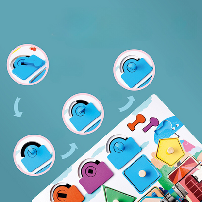 Montessori aktivitetsbräda med olika uppgifter