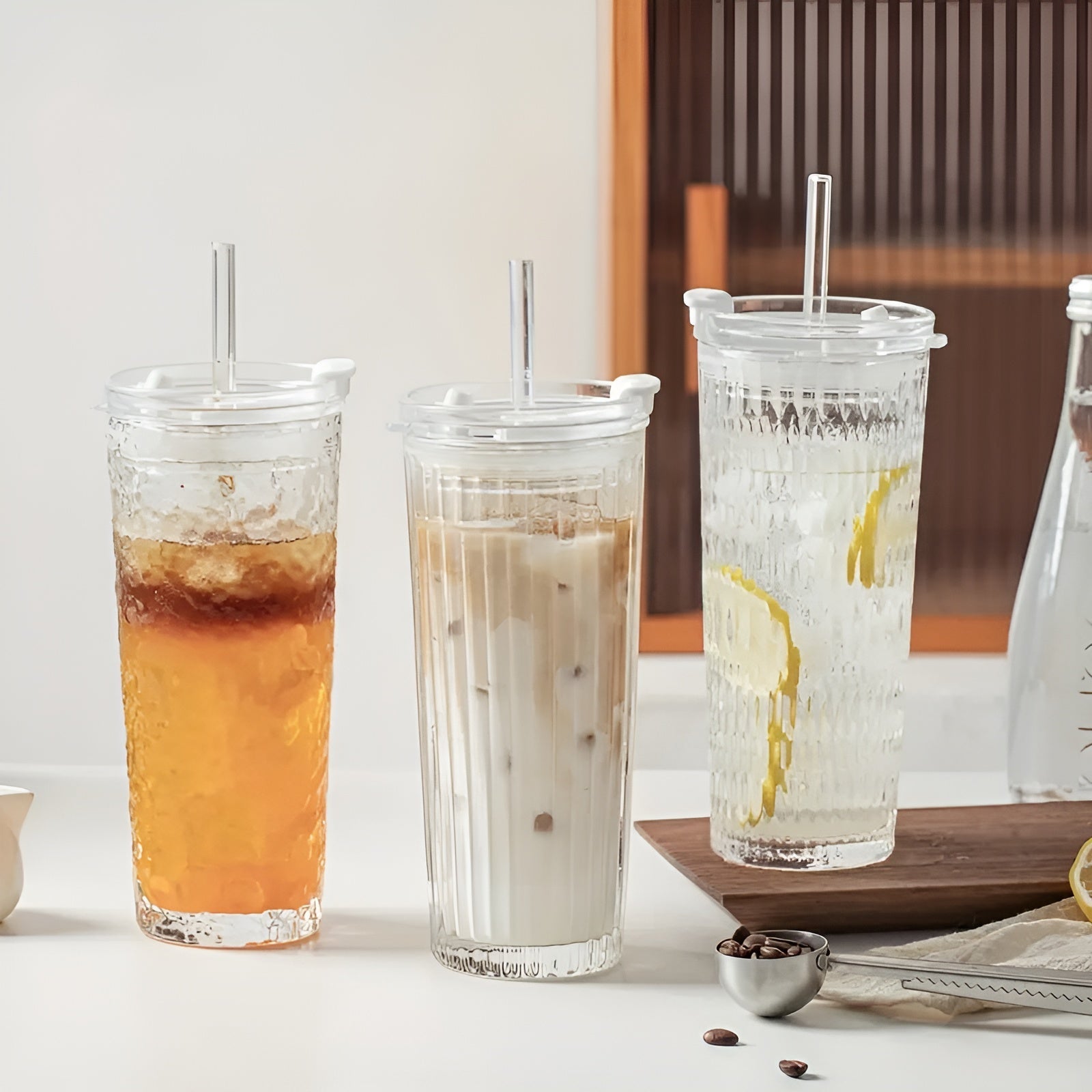 Dricksglas med lock &amp; sugrör – Modern 2-delars set av glas | Återanvändbar &amp; Halkfri, Idealisk för kaffe, te &amp; kalla drycker