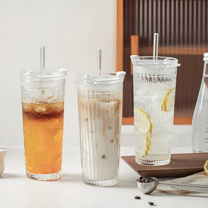 Dricksglas med lock &amp; sugrör – Modern 2-delars set av glas | Återanvändbar &amp; Halkfri, Idealisk för kaffe, te &amp; kalla drycker