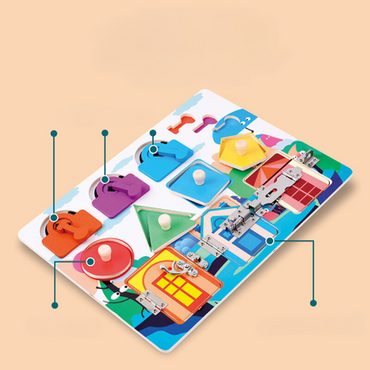 Montessori aktivitetsbräda med olika uppgifter