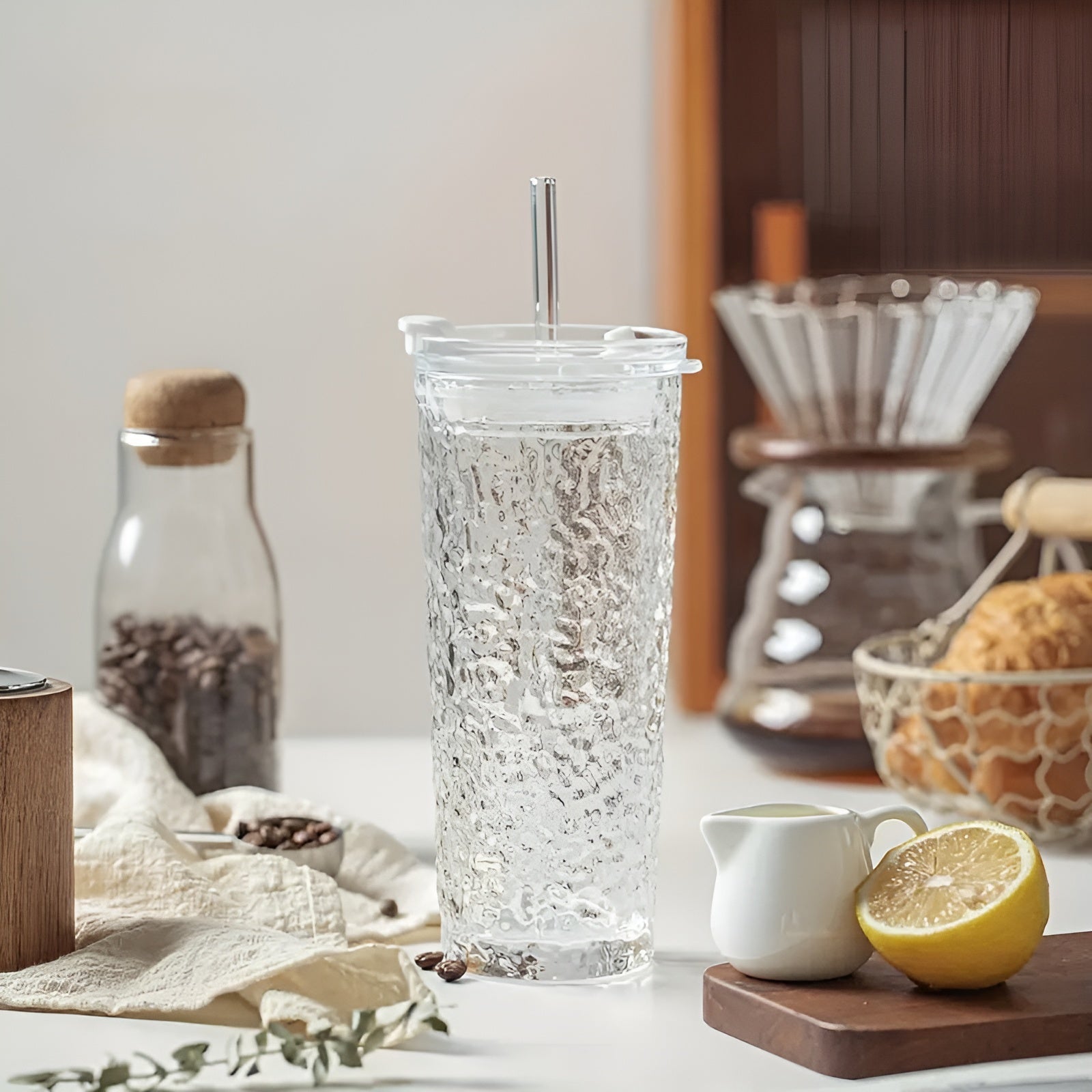 Dricksglas med lock &amp; sugrör – Modern 2-delars set av glas | Återanvändbar &amp; Halkfri, Idealisk för kaffe, te &amp; kalla drycker