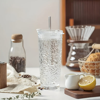 Dricksglas med lock &amp; sugrör – Modern 2-delars set av glas | Återanvändbar &amp; Halkfri, Idealisk för kaffe, te &amp; kalla drycker