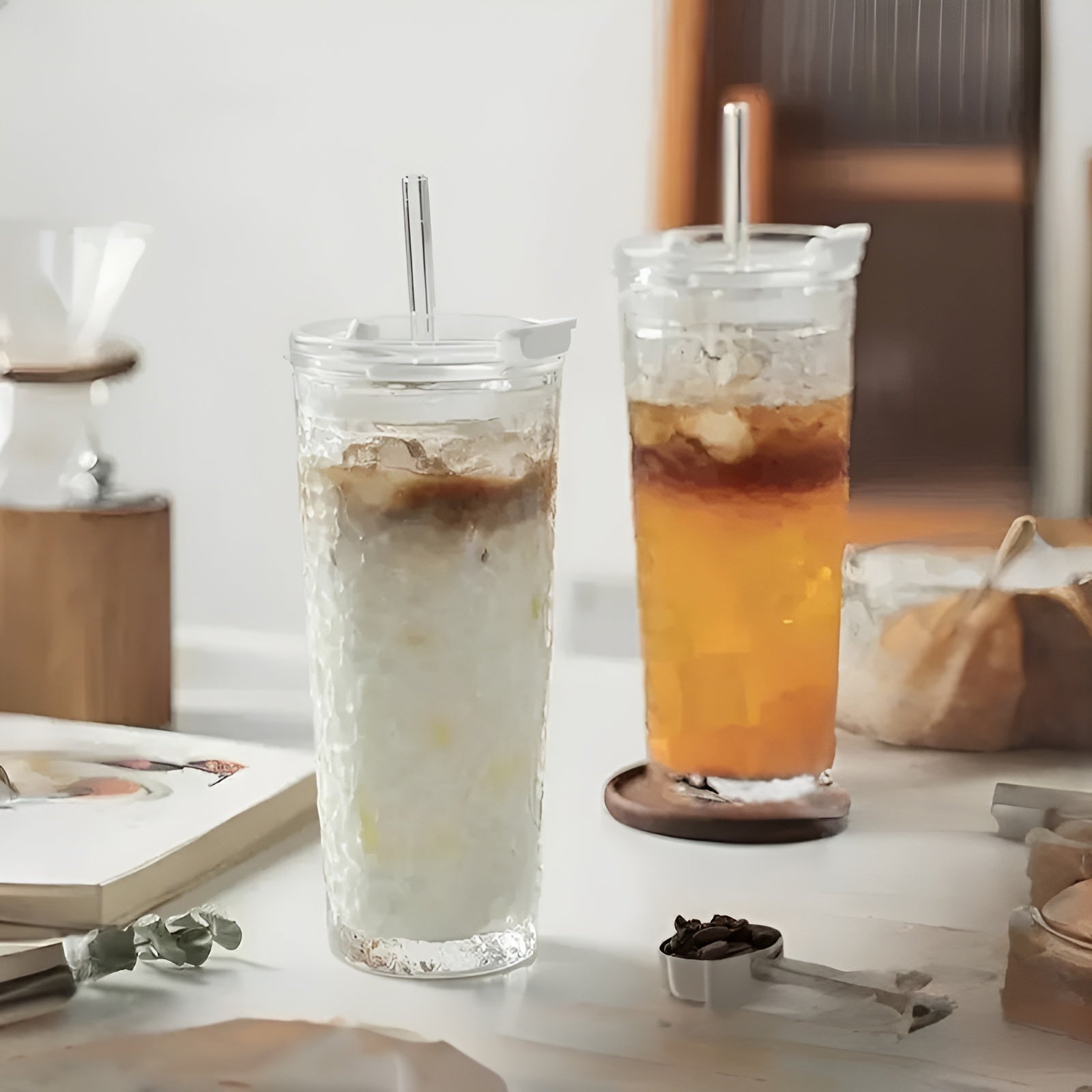 Dricksglas med lock &amp; sugrör – Modern 2-delars set av glas | Återanvändbar &amp; Halkfri, Idealisk för kaffe, te &amp; kalla drycker