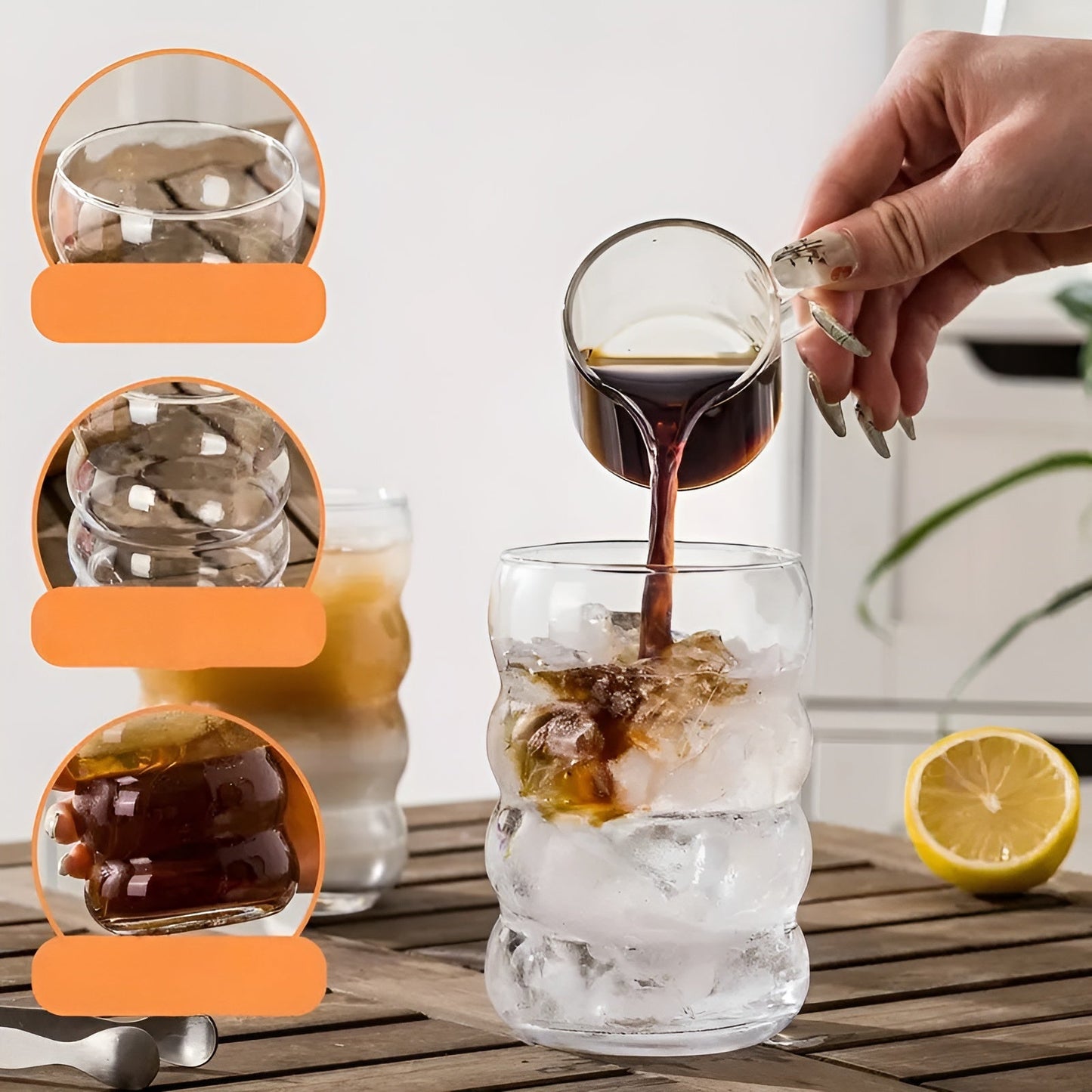 Ribbad glas med sugrör – 2 st Vågform, 450ml | Stiligt dricksglas för iskaffe, matcha & juice