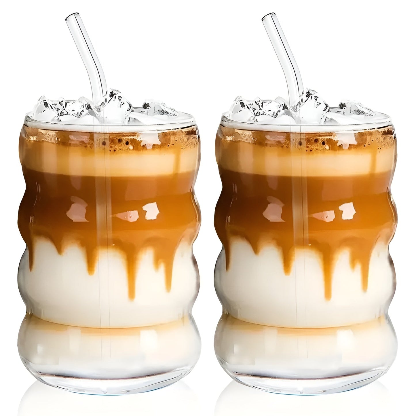 Ribbad glas med sugrör – 2 st Vågform, 450ml | Stiligt dricksglas för iskaffe, matcha & juice