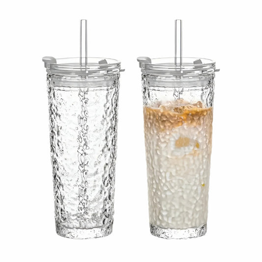 Dricksglas med lock & sugrör – Modern 2-delars set av glas | Återanvändbar & Halkfri, Idealisk för kaffe, te & kalla drycker