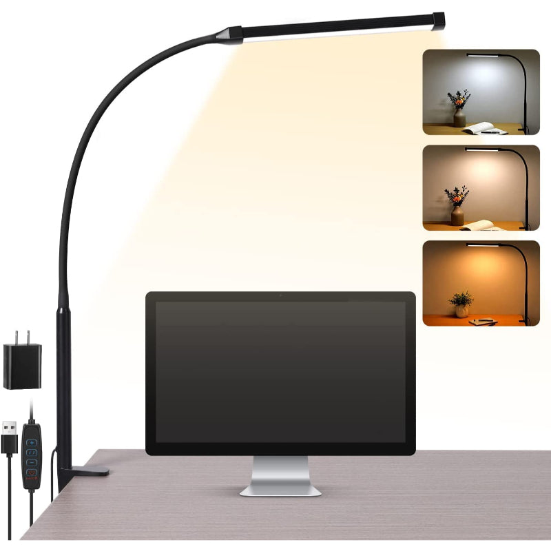 LED Skrivbordslampa - Ögonvänlig Belysning med Klamma, Flexibel Svängarm, 3 Lägen, 10 Ljusstyrkenivåer, USB Adapter