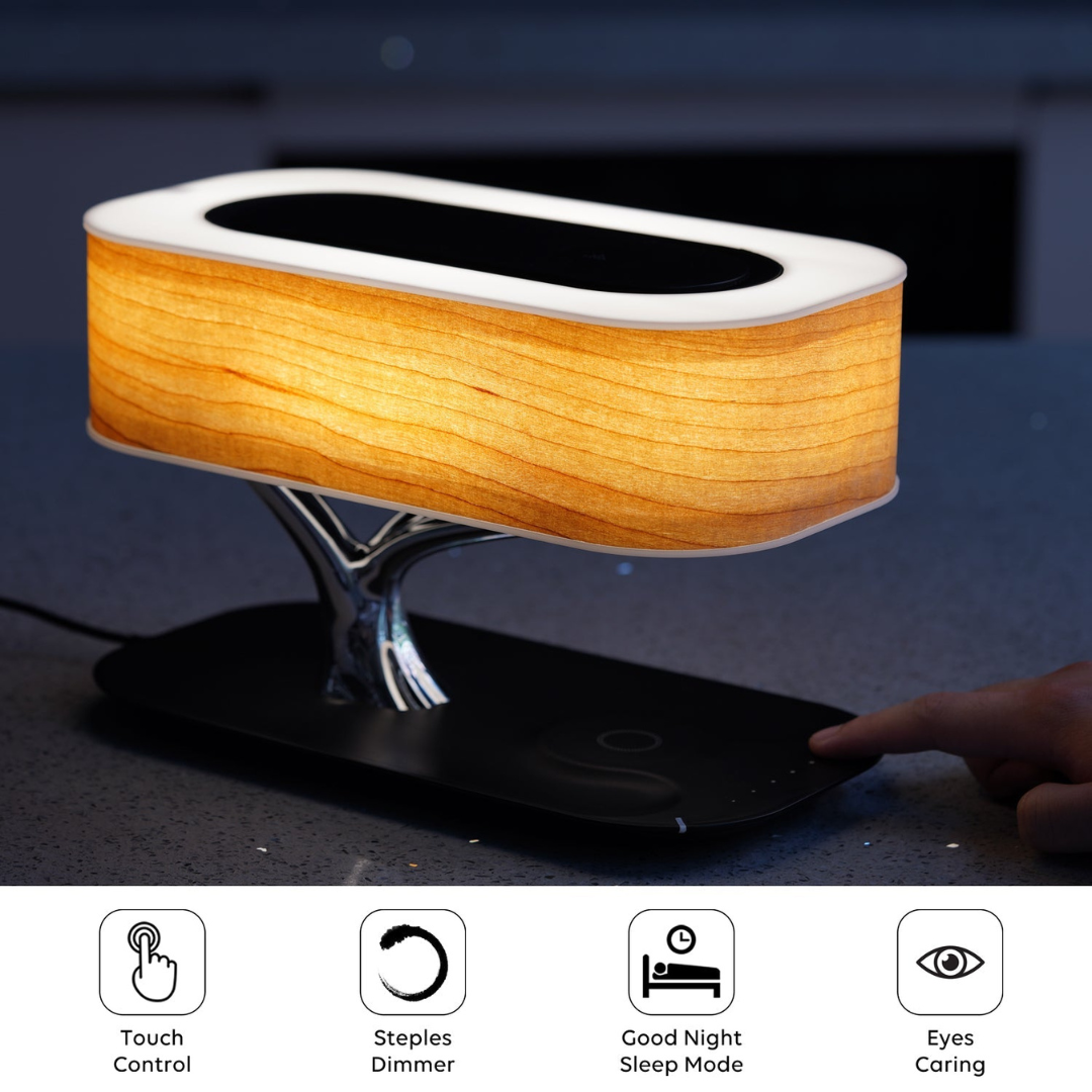 LumiSync Lampa - Bordslampa med Bluetooth-högtalare och trådlös laddare
