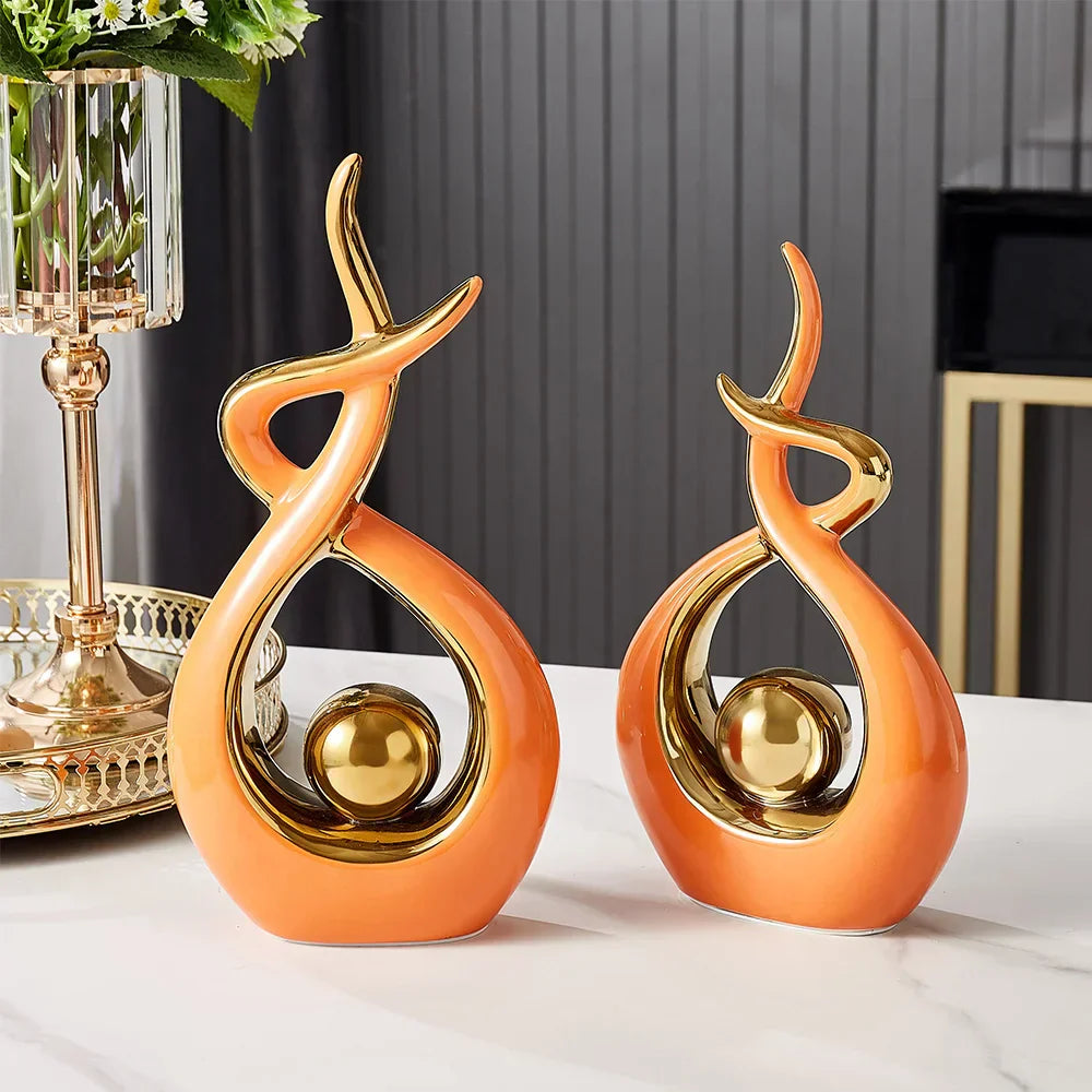 Abstrakt Keramisk Skulptur | Modern Inredning med Guld Accenter | Hylla eller Skrivbordsornament