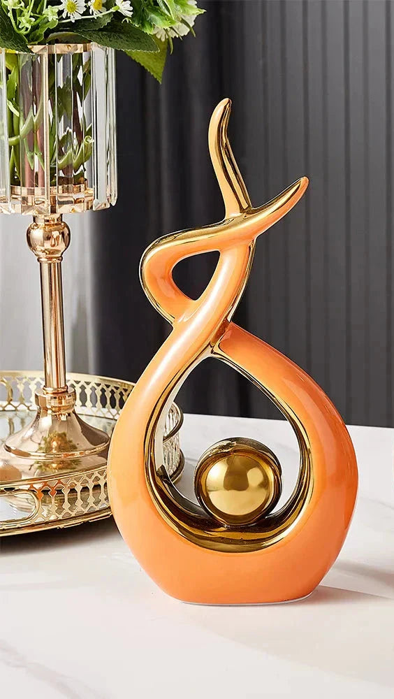 Abstrakt Keramisk Skulptur | Modern Inredning med Guld Accenter | Hylla eller Skrivbordsornament