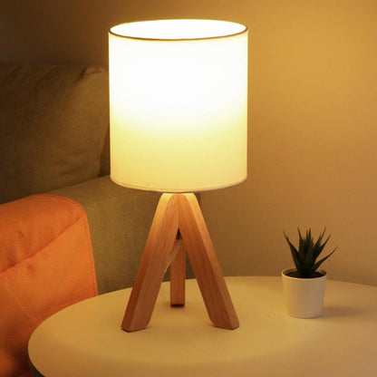 H Houten Driepoot Tafellampa med Linne Skärm LED
