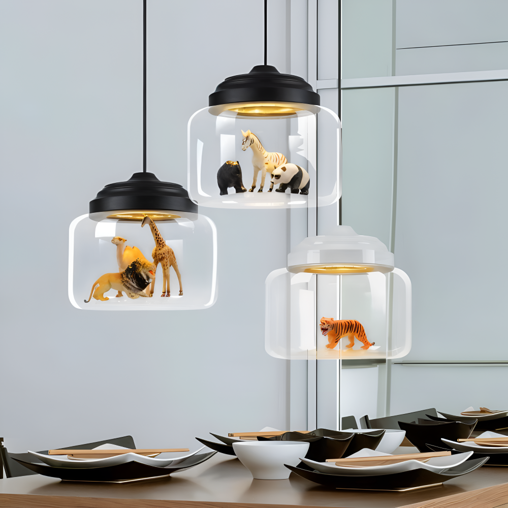 LumiZoo Lampa | LED-hänglampa av glas med tecknad djurmotiv, nordisk stil