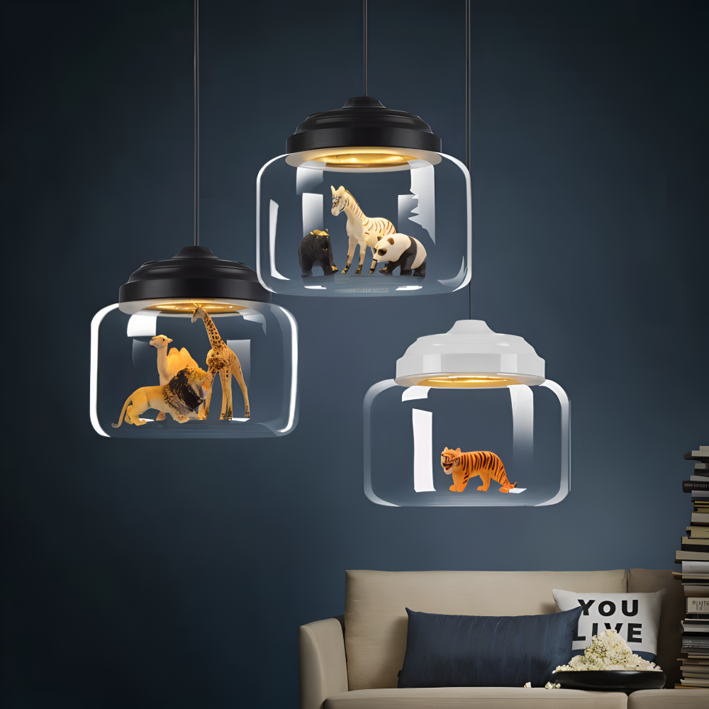 LumiZoo Lampa | LED-hänglampa av glas med tecknad djurmotiv, nordisk stil