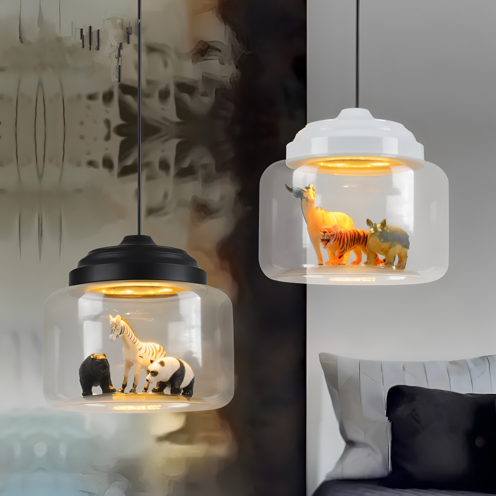 LumiZoo Lampa | LED-hänglampa av glas med tecknad djurmotiv, nordisk stil