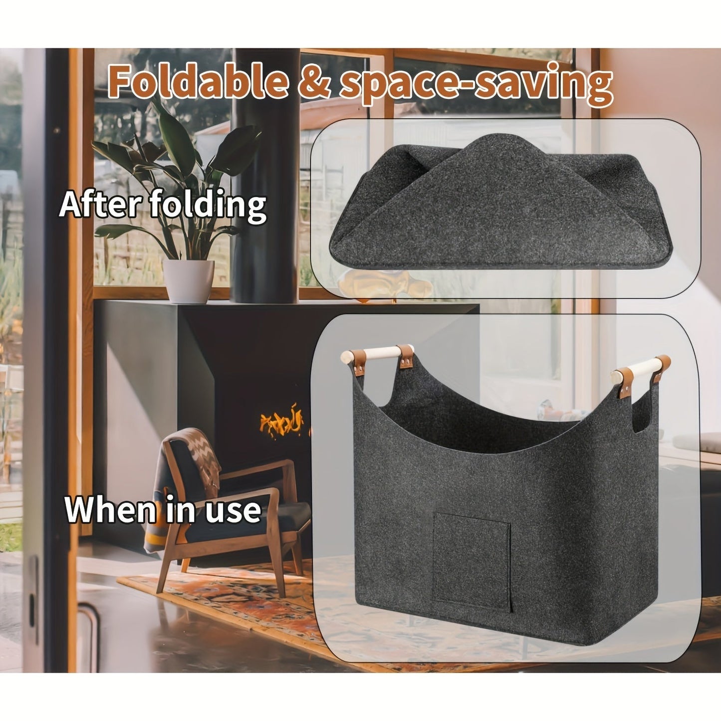 Fällbar Filtkorg XL med Trähandtag - Hållbar och Stilig Träbärare för Inomhusbruk