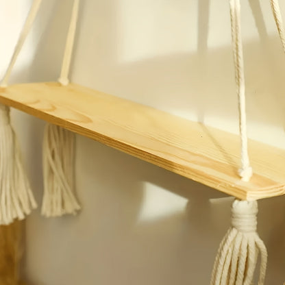 Boho Makramé Vägg hylla – Handgjord Trähylla med Repdesign för en Mysig Inredning