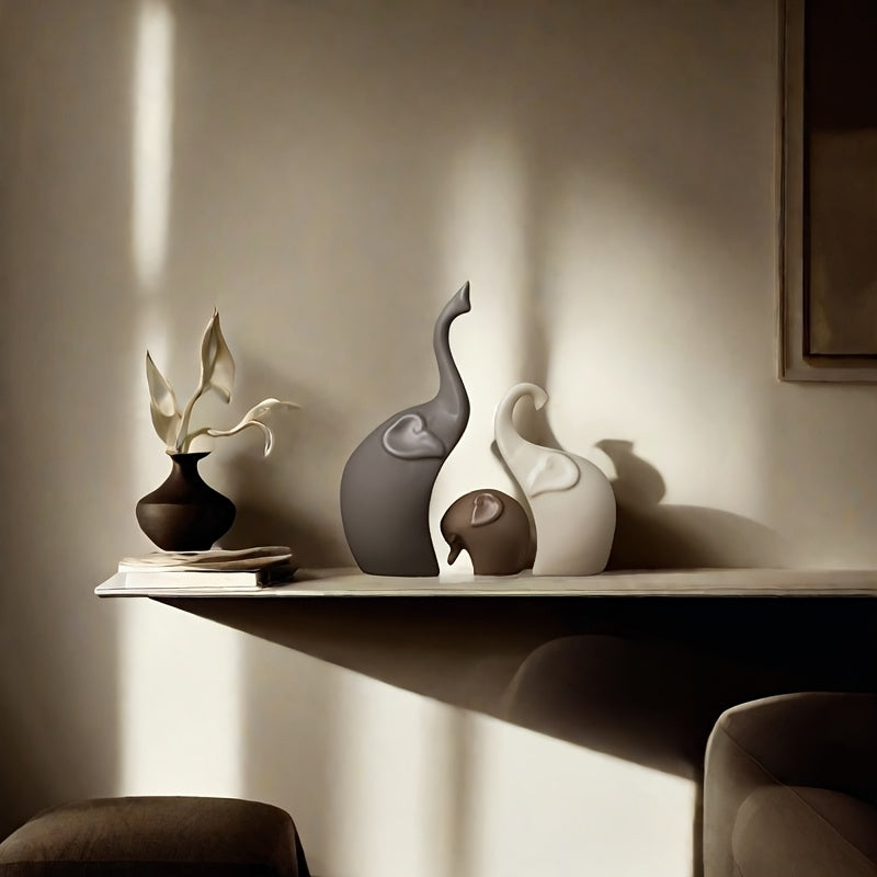 Set med 3 Keramiska Elefantfigurer – Modern Matt Dekoration för Vardagsrum eller Kontor