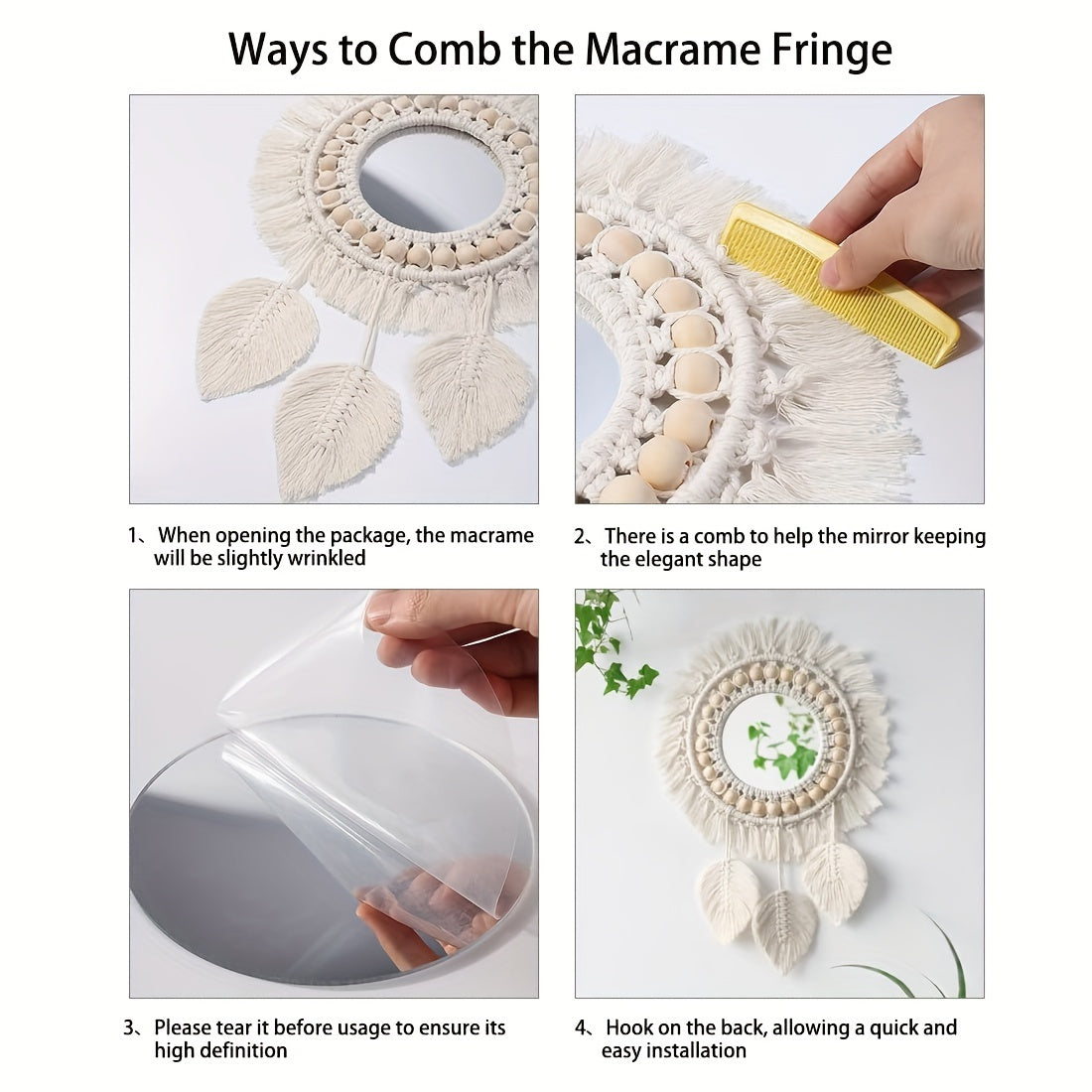 Boho Makramé Väggspegel med Fransar – Dekorativ Spegel med Pärlor och Fjädrar