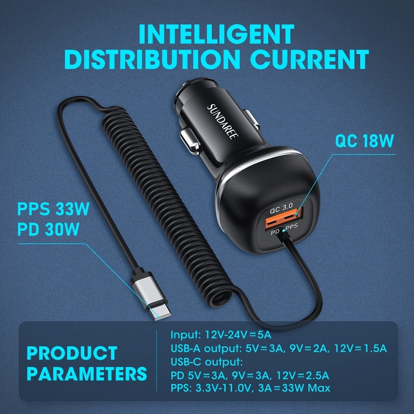 Carvallo Snabbladdare för bilen | USB-C & QC 3.0 | 51W effekt | 3 uttag