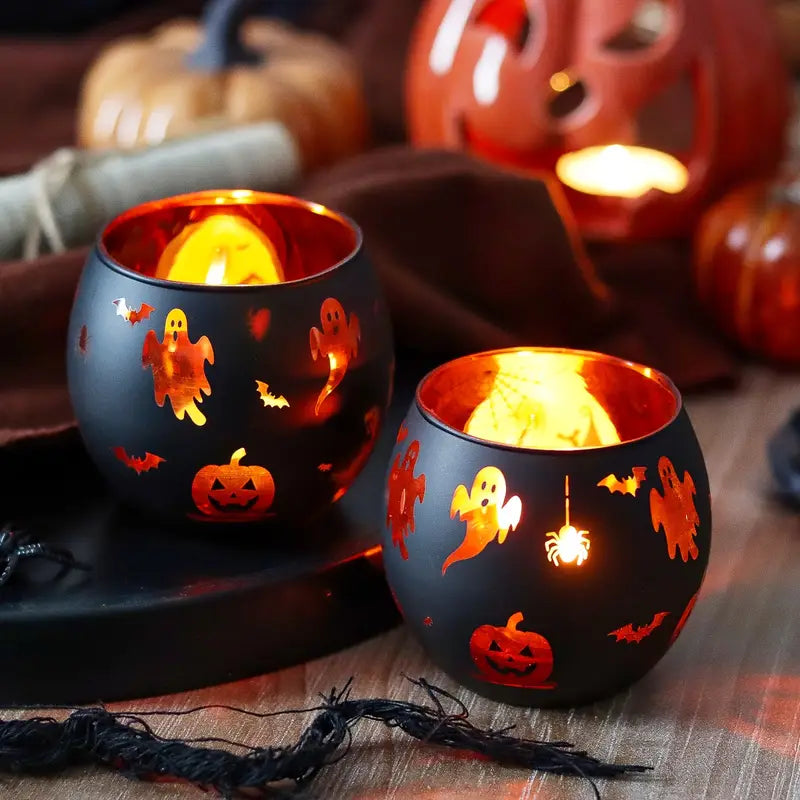 Halloween Kandlestake Set – 2-pack Glasdekoration med pumpa, spindel &amp; fladdermus