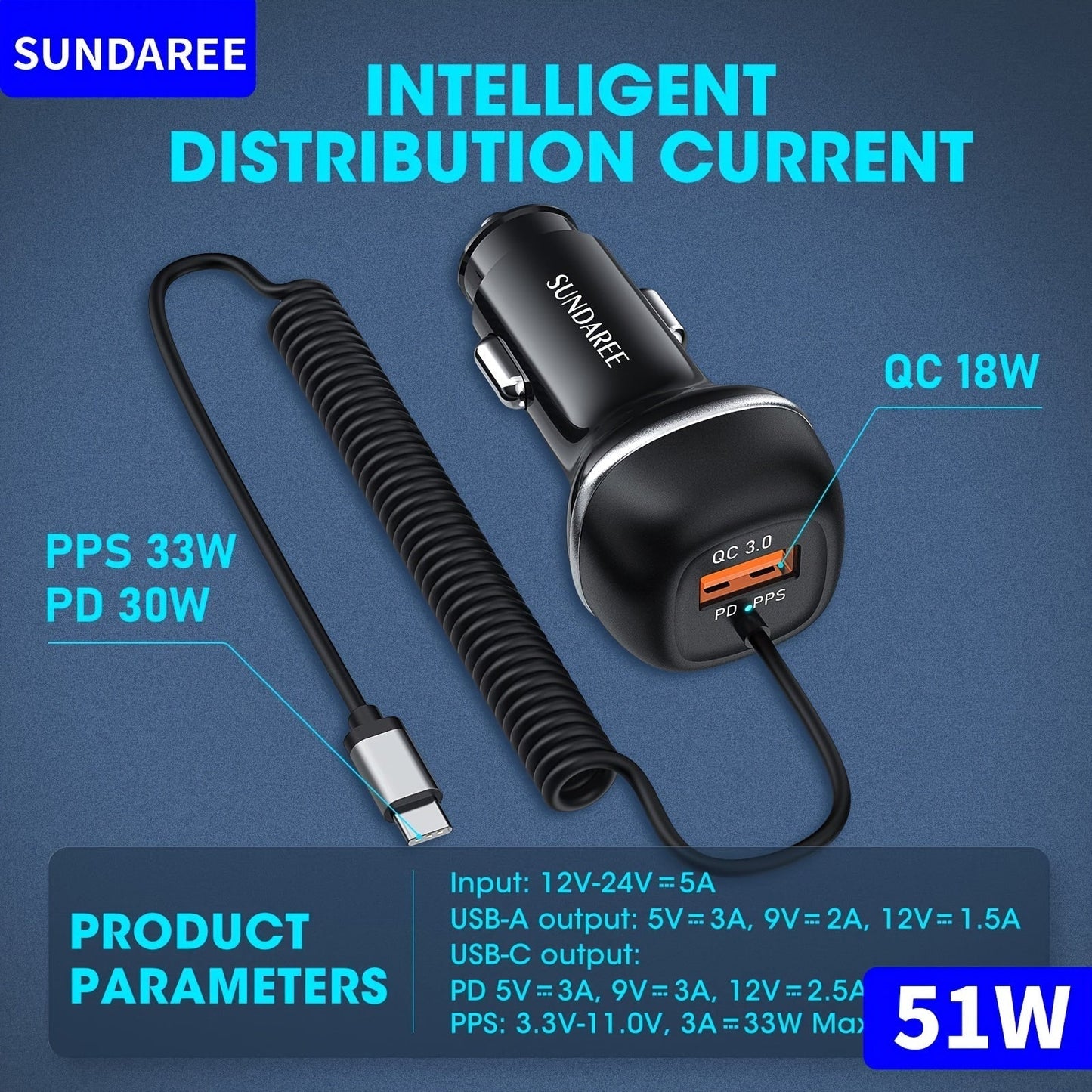 Carvallo Snabbladdare för bilen | USB-C & QC 3.0 | 51W effekt | 3 uttag