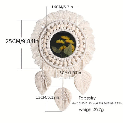 Boho Makramé Väggspegel med Fransar – Dekorativ Spegel med Pärlor och Fjädrar