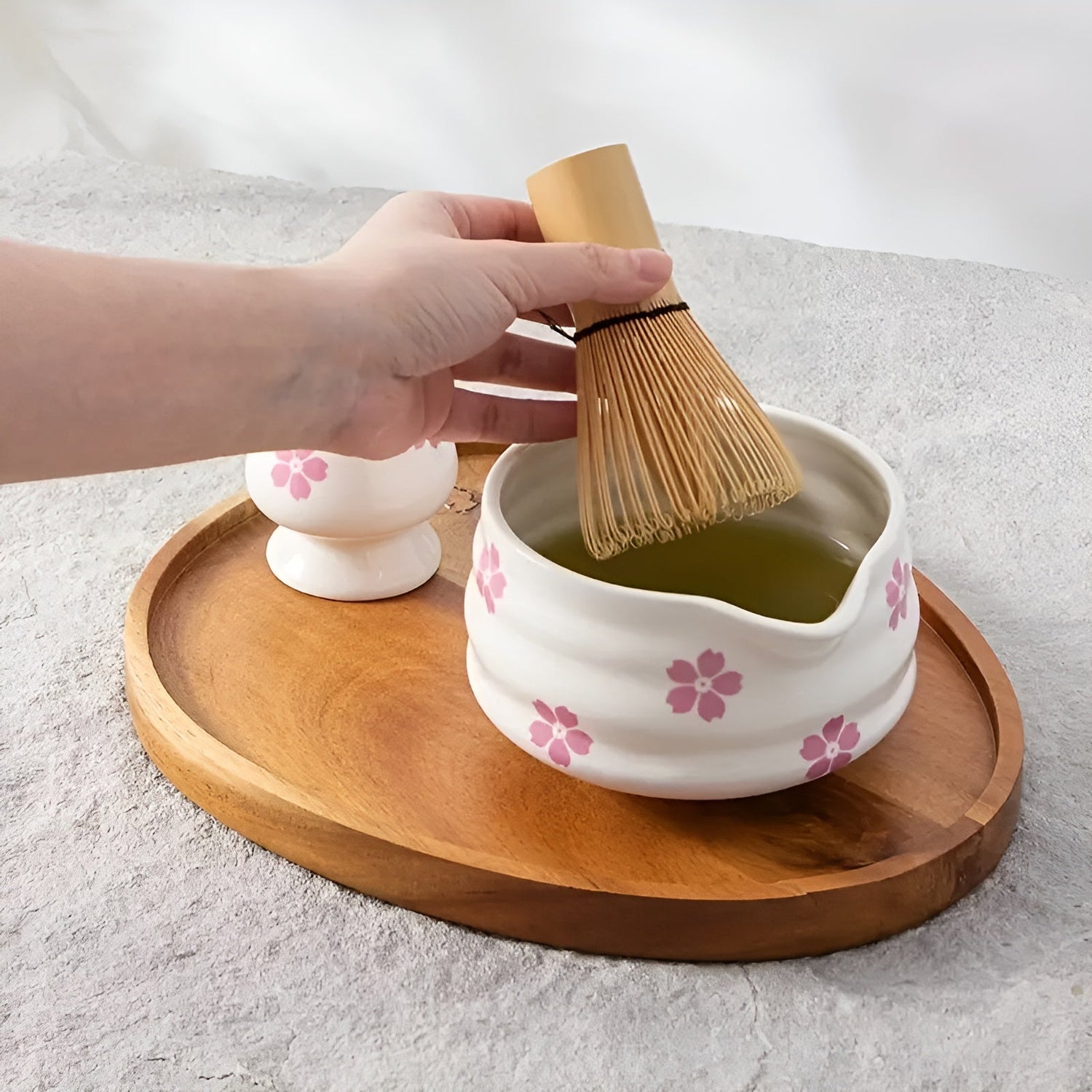Matcha-set med 5 delar – Japanskt teservice med tekopp, bambupensel och sil.