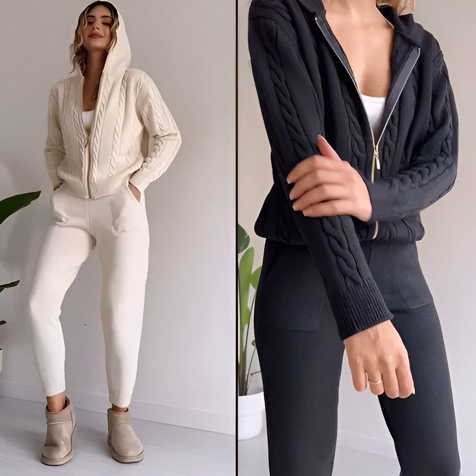 Millie Set - Stickad tvådelad hemmakostym för kvinnor (Mysig tröja + Byxor)