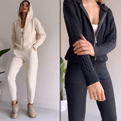 Millie Set - Stickad tvådelad hemmakostym för kvinnor (Mysig tröja + Byxor)