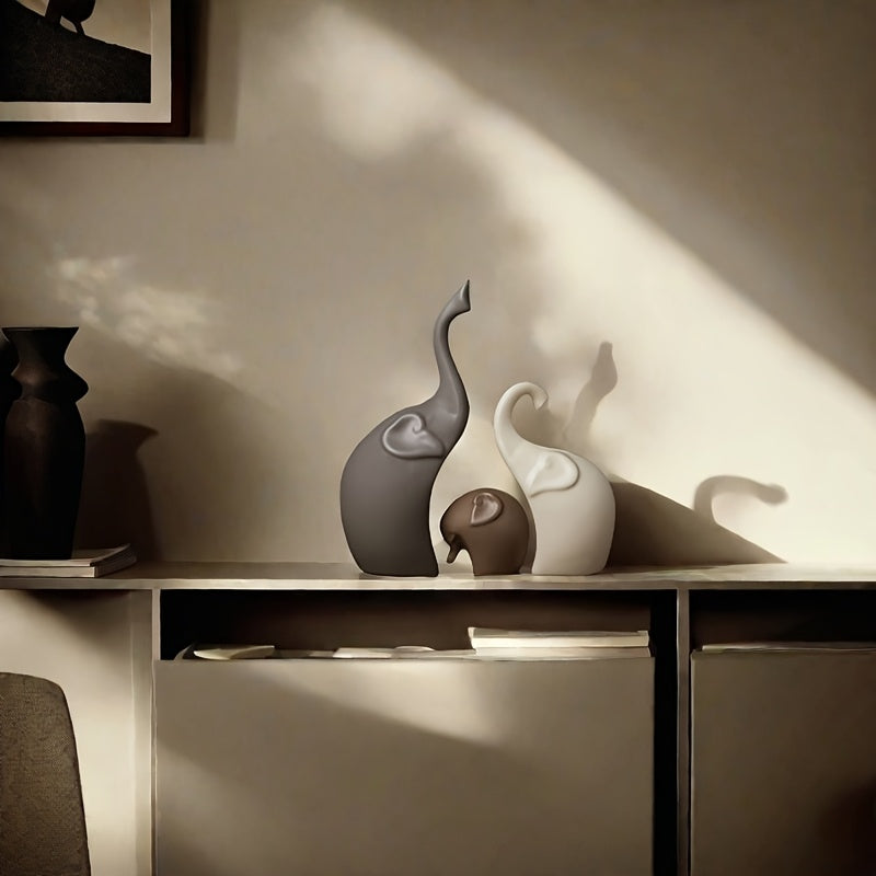 Set med 3 Keramiska Elefantfigurer – Modern Matt Dekoration för Vardagsrum eller Kontor