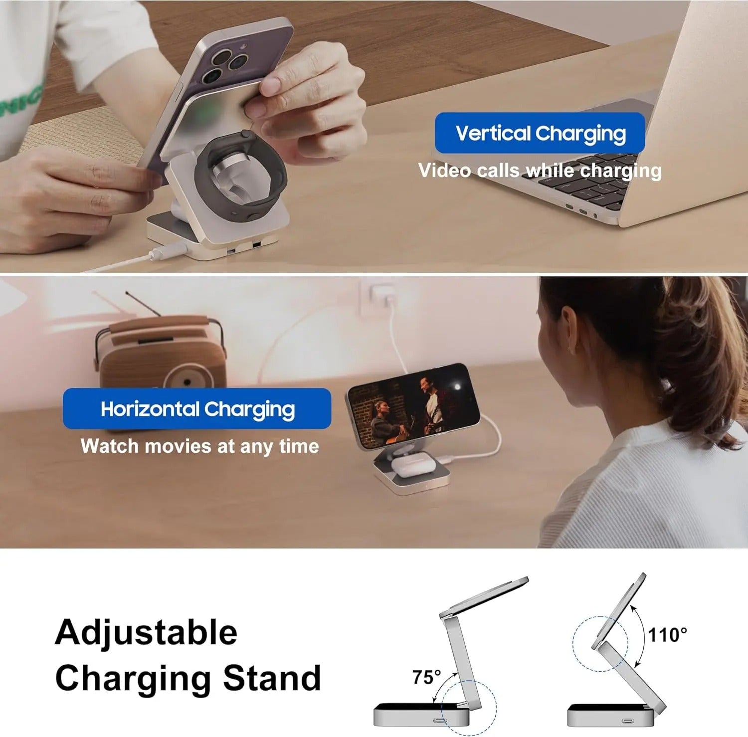 3 i 1 Snabb Magnetisk Fällbar Trådlös Laddare För iPhones, AirPods och Apple Watches