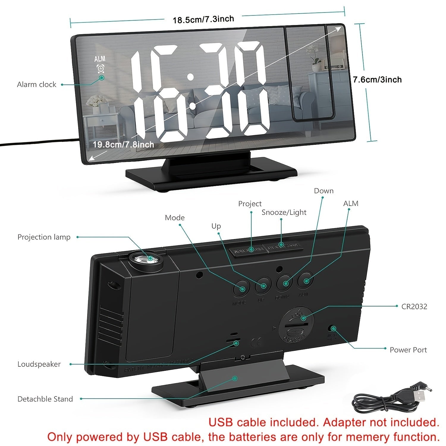 LED-projektionsväckarklocka med 180° justerbar projektion – Klar display och snooze-funktion för sovrum eller kontor